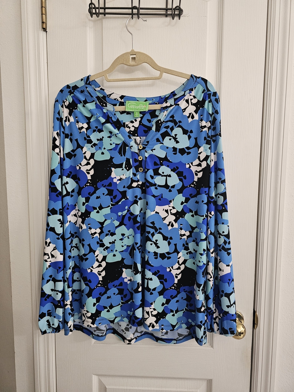 Pappagallo Blue Multi Floral Henley Long Sleeve Top